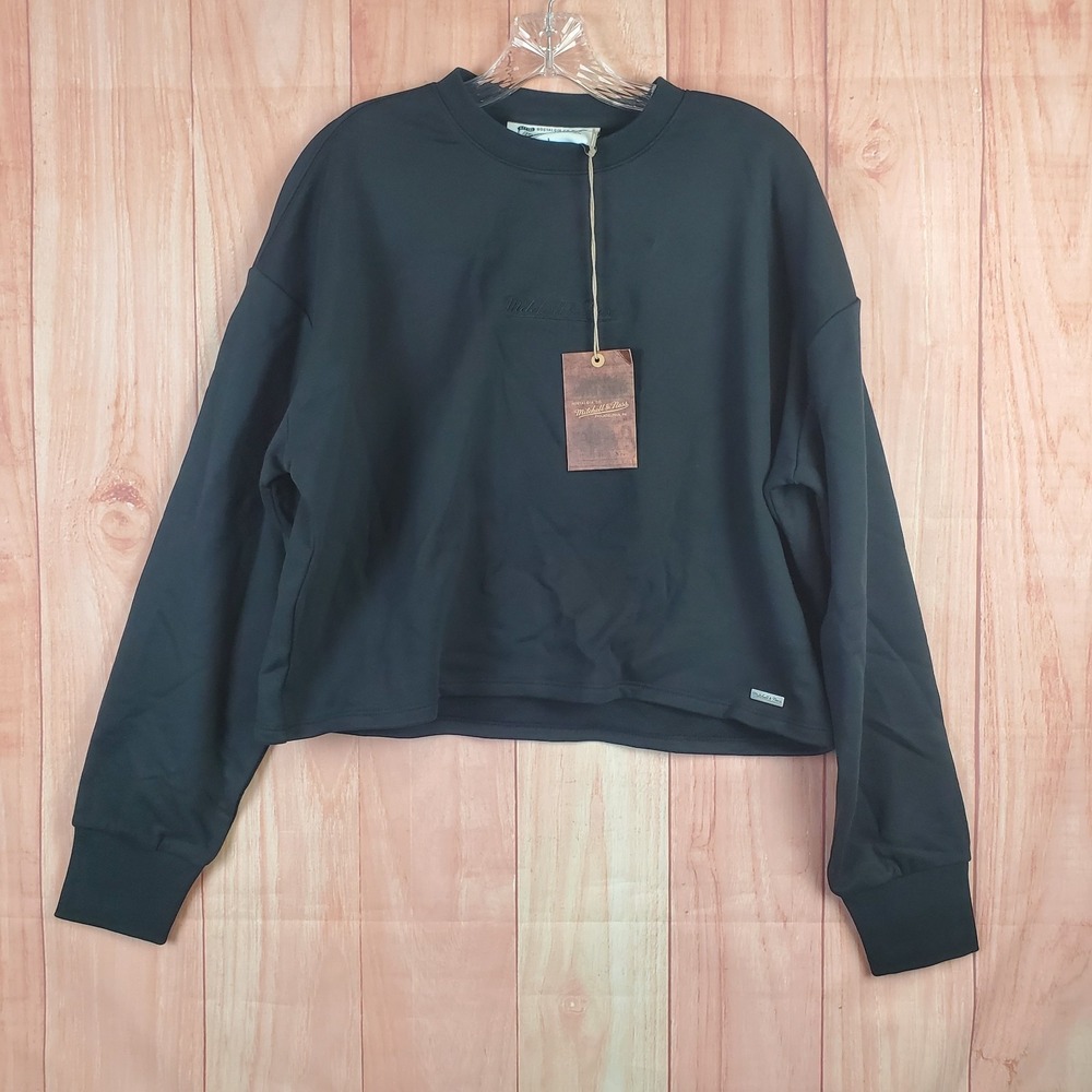 Mitchell & Ness Womens Cropped Top Large Black 100% Cotton Crew Neck Long Sleeve